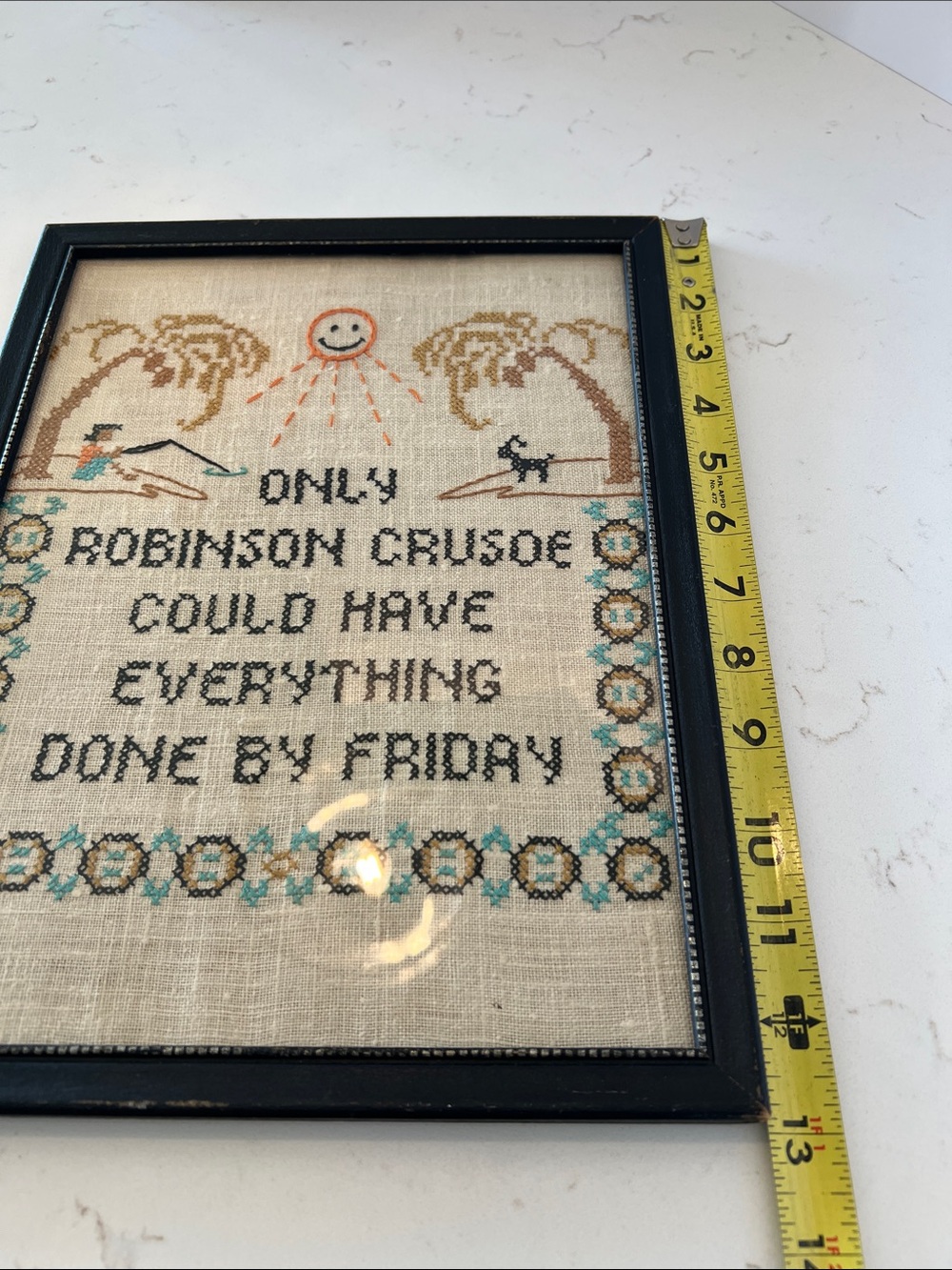 Vintage Framed Cross Stitch Sampler Robinson Crusoe Quote Island Folk Art - Picture 9 of 10